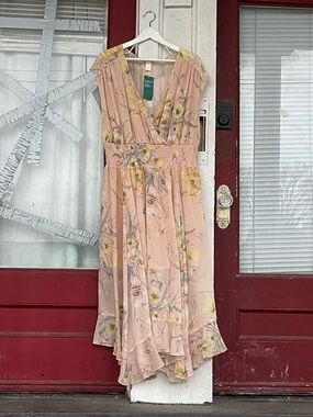 H&M Pink Floral V-Neck Smocked Midi Dress